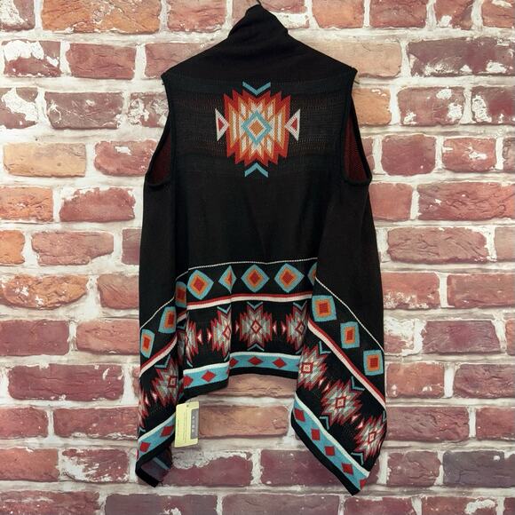 Boutique Cardigan Women's OS Black Multicolor Boho Aztec Open Front Knit Topper - Picture 2 of 8